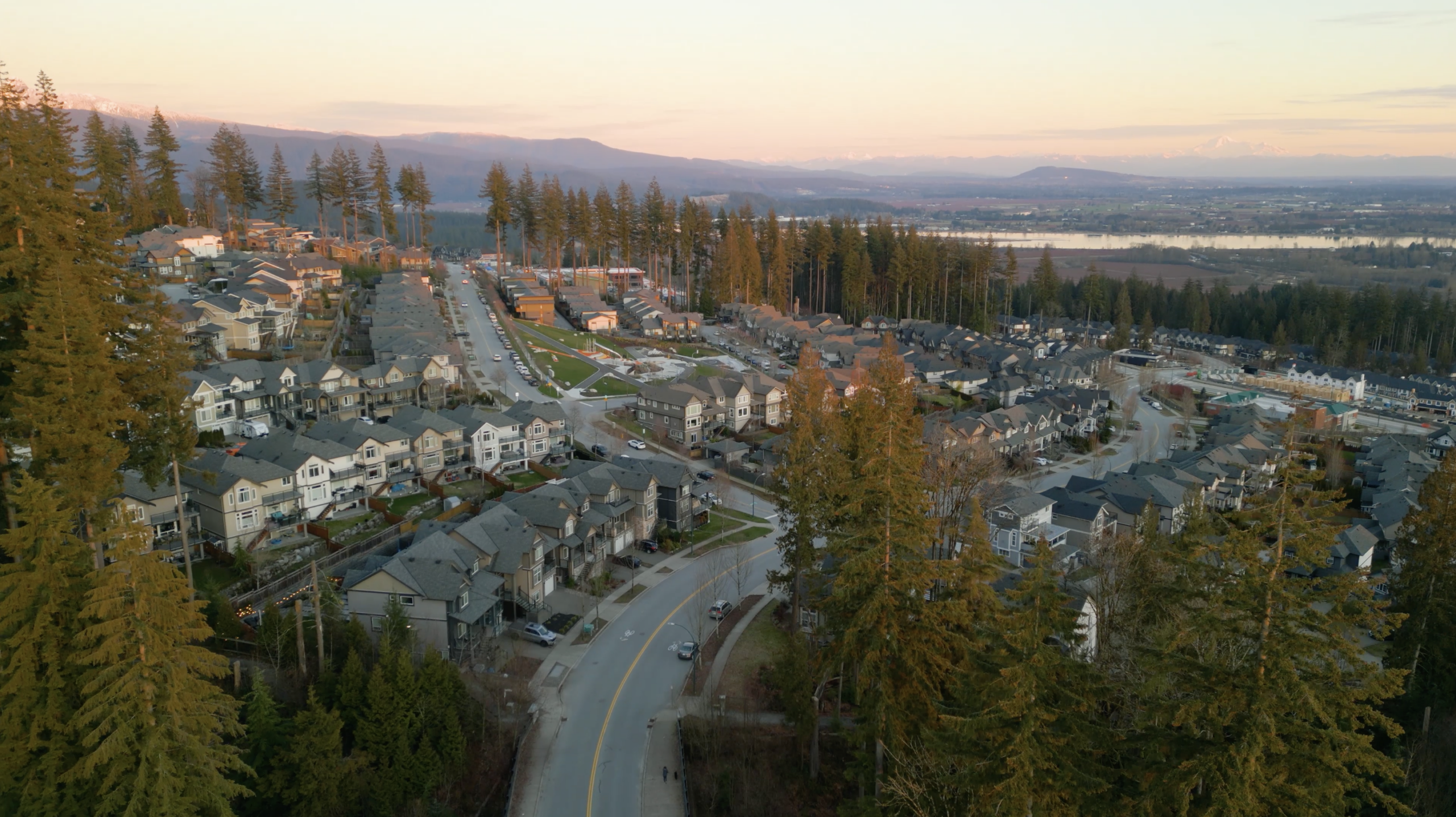 Drone view of detached homes on Burke Mountain in Coquitlam